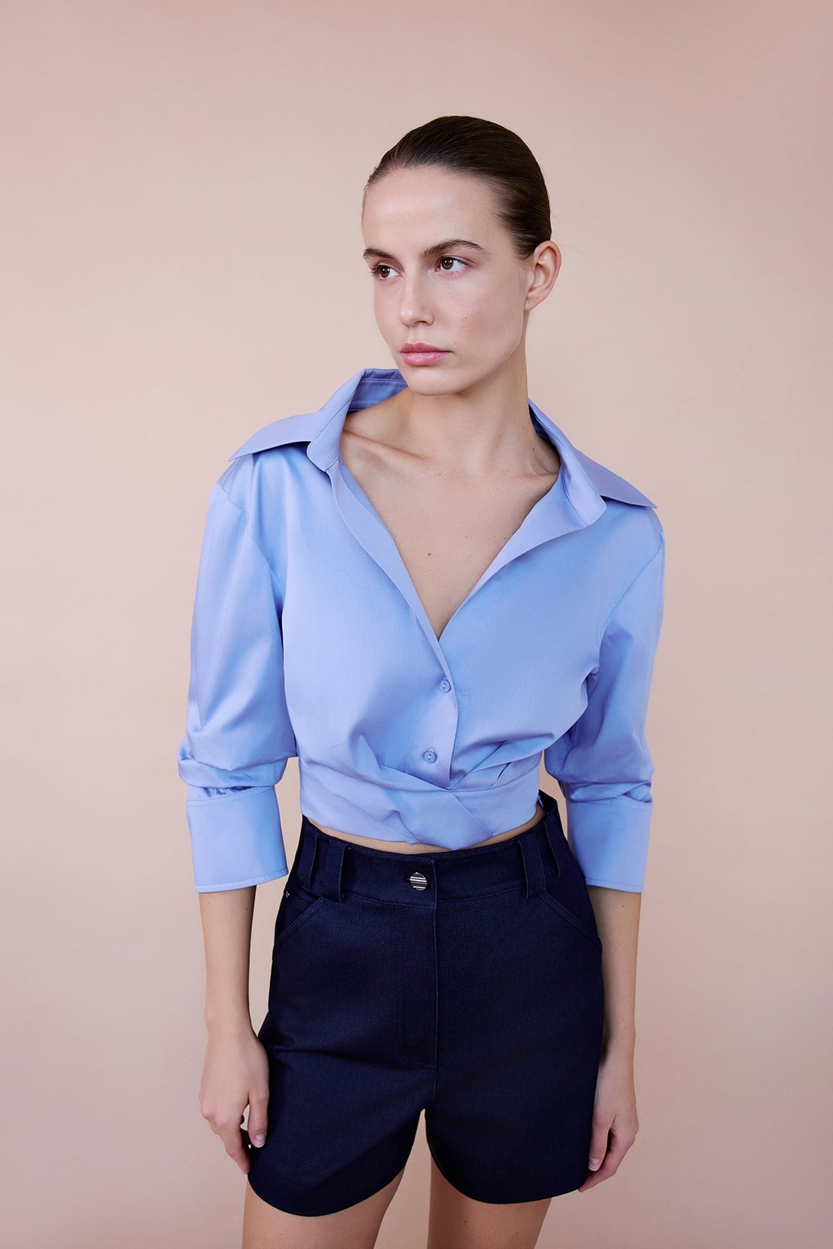 Kruvaze Yaka Poplin Crop Mavi Gömlek