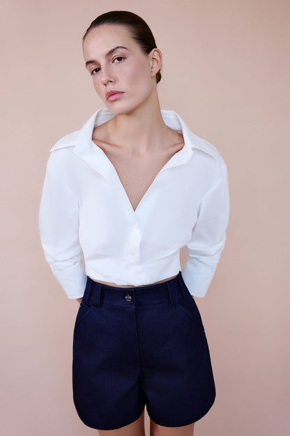 Kruvaze Yaka Poplin Crop Ekru Gömlek