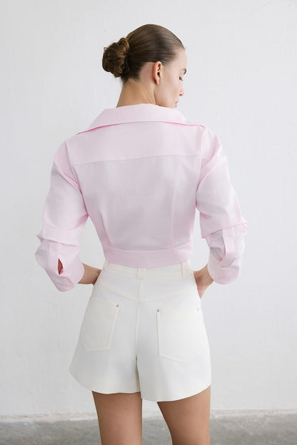 Kruvaze Yaka Poplin Crop Pembe Gömlek