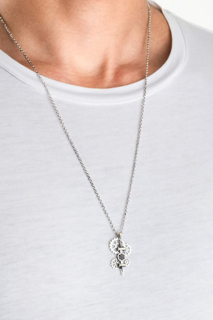 Mekanik Çark Ve Kılıç  65 Cm Gümüş Erkek Kolye 1123409999