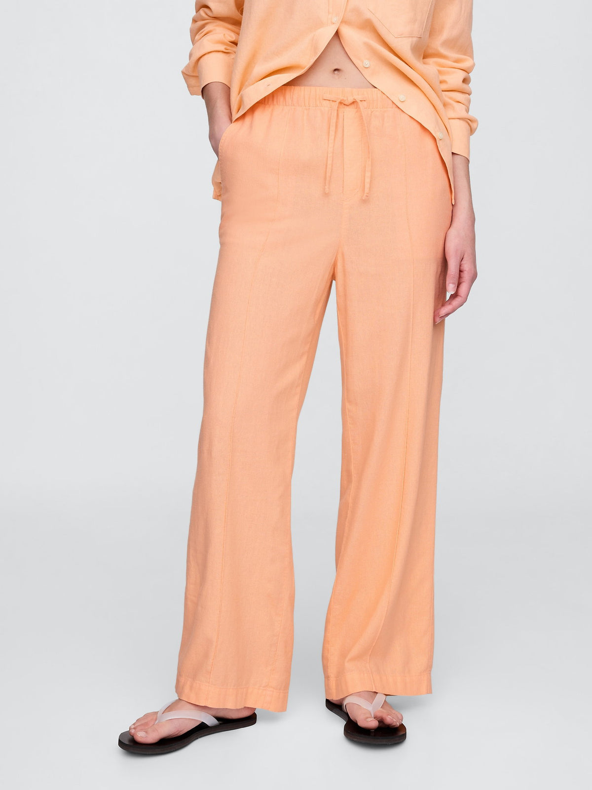 Turuncu Mid Rise Keten Karışımlı Pull-on Wide-leg Pantolon