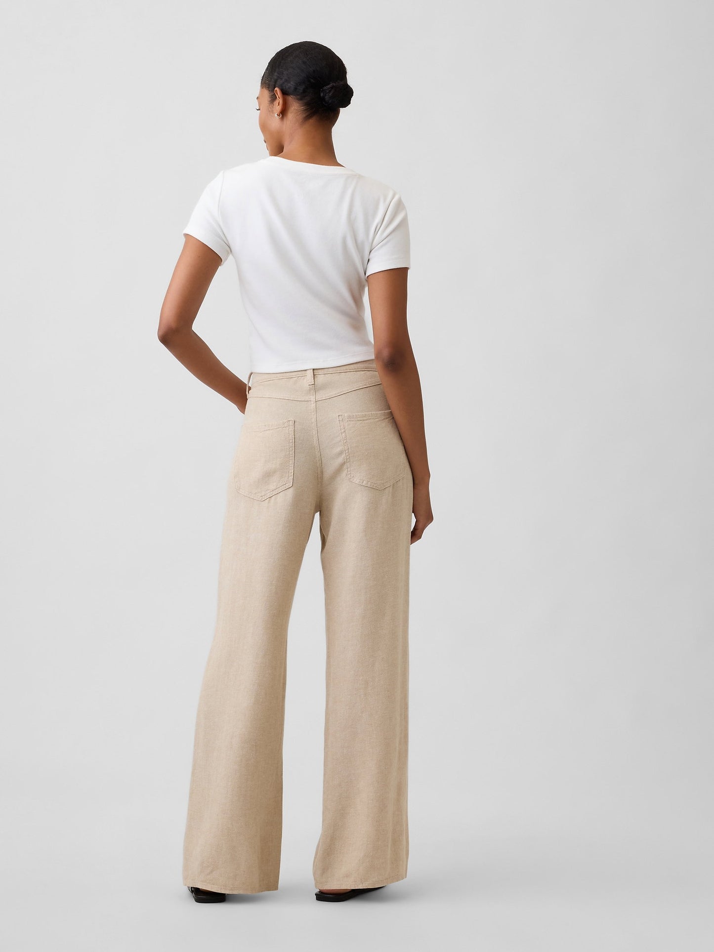 Bej High Rise Keten Karışımı Wide-leg Pantolon