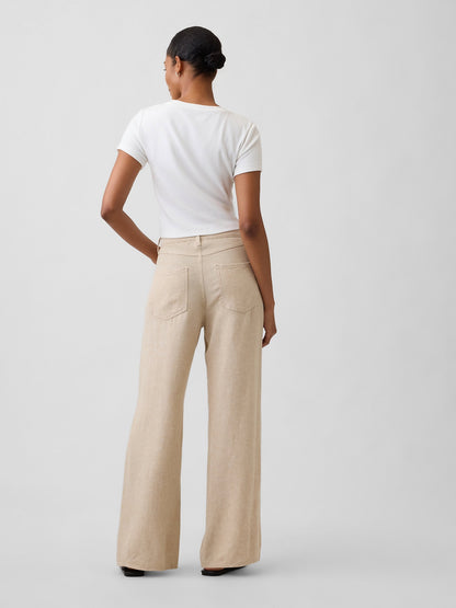 Bej High Rise Keten Karışımı Wide-leg Pantolon