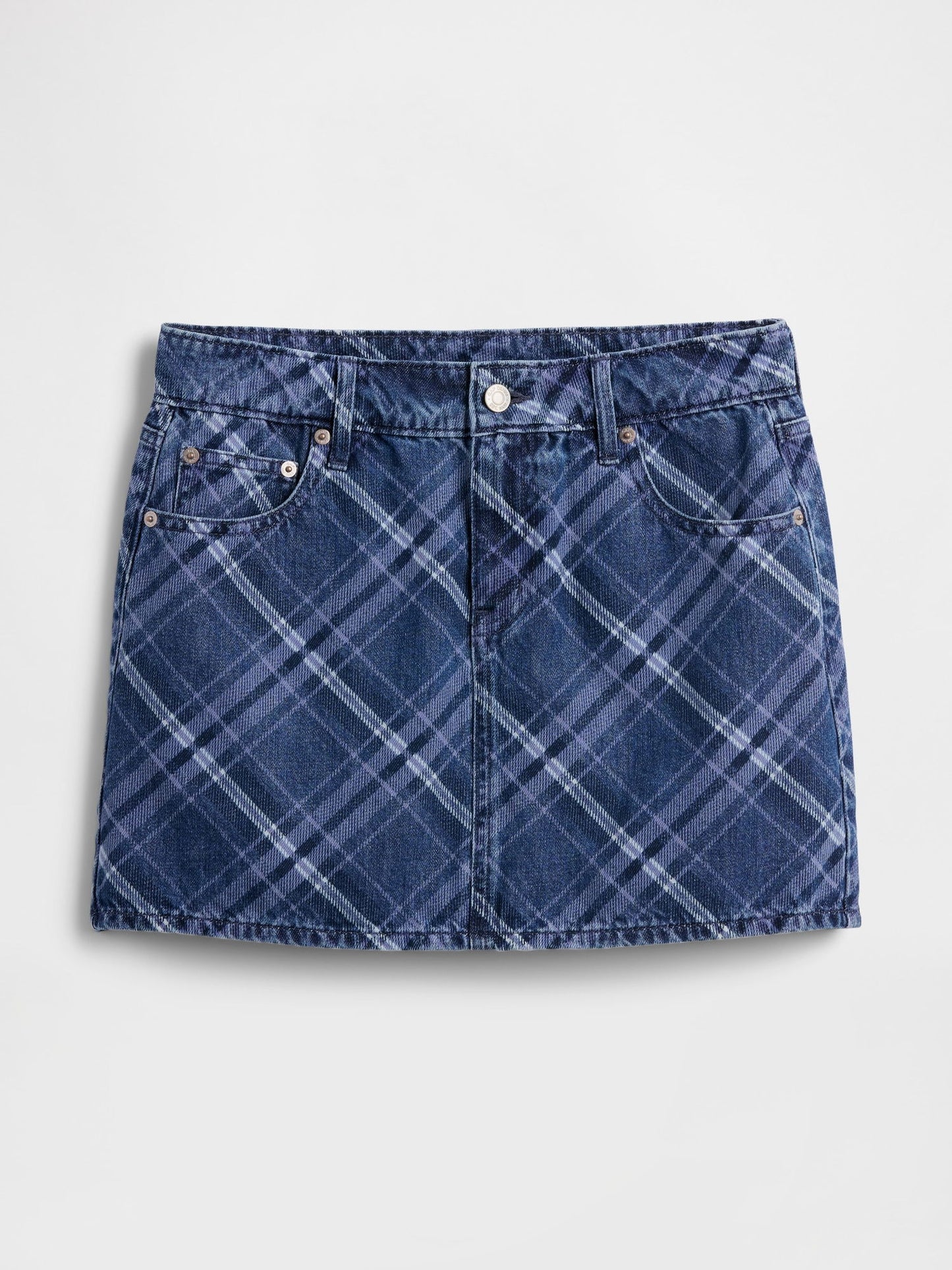 Koyu Mavi Denim Kareli Mini Etek