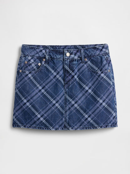Koyu Mavi Denim Kareli Mini Etek
