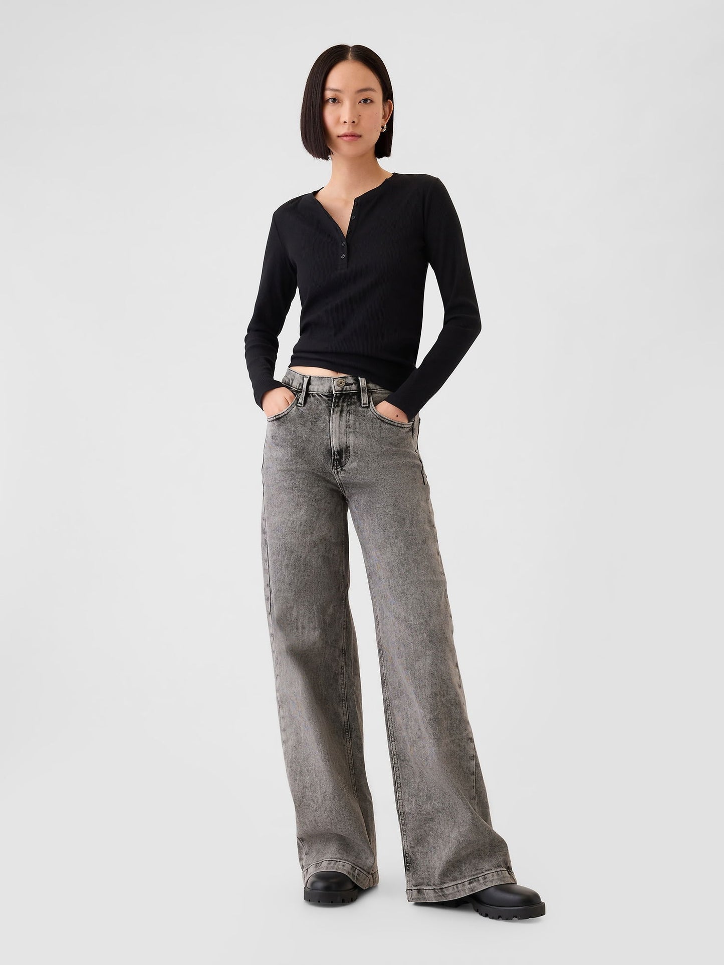 Siyah High Rise Stride Wide-leg Jean Pantolon