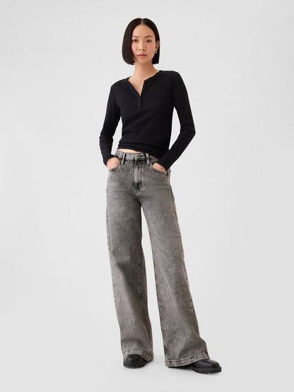 Siyah High Rise Stride Wide-leg Jean Pantolon