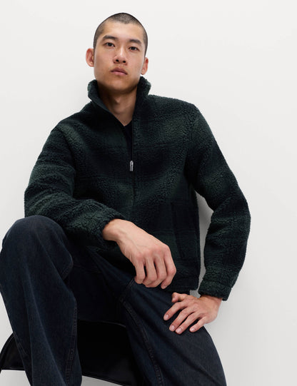 Ekose Desenli Fermuarlı Fleece Ceket