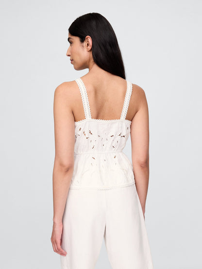 Beyaz Keten Karışımlı Eyelet Peplum Bluz