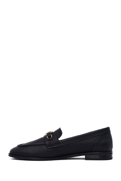 Kadın Siyah Tokalı Maskülen Deri Loafer