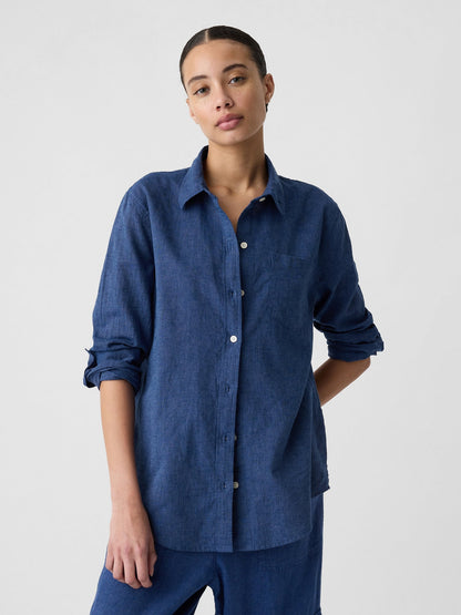 Denim Mavi Keten Karışımı Easy Gömlek