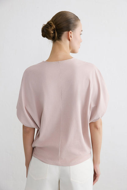 Sıfır Yaka Örme Pudra T-shirt