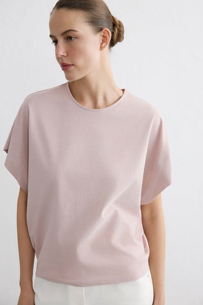 Sıfır Yaka Örme Pudra T-shirt