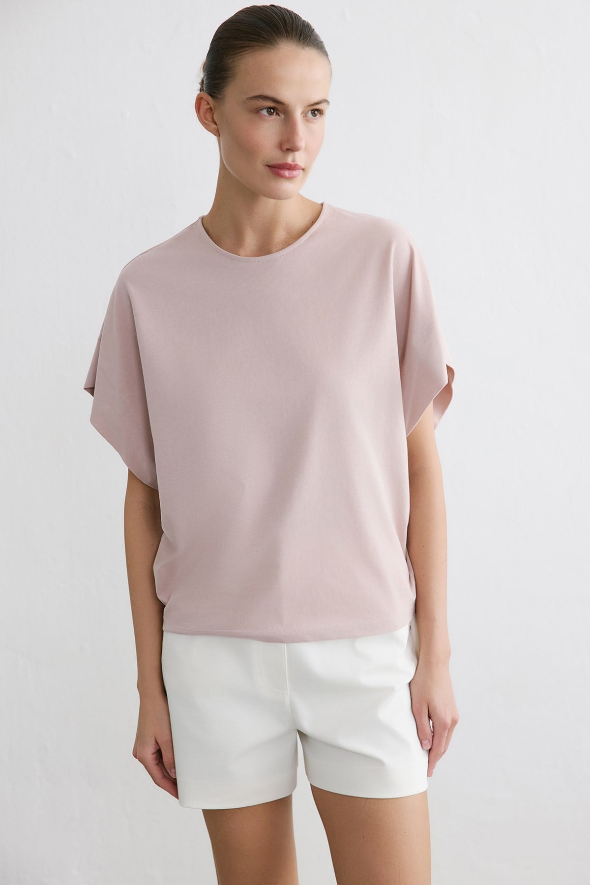 Sıfır Yaka Örme Pudra T-shirt