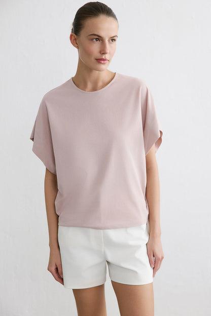 Sıfır Yaka Örme Pudra T-shirt