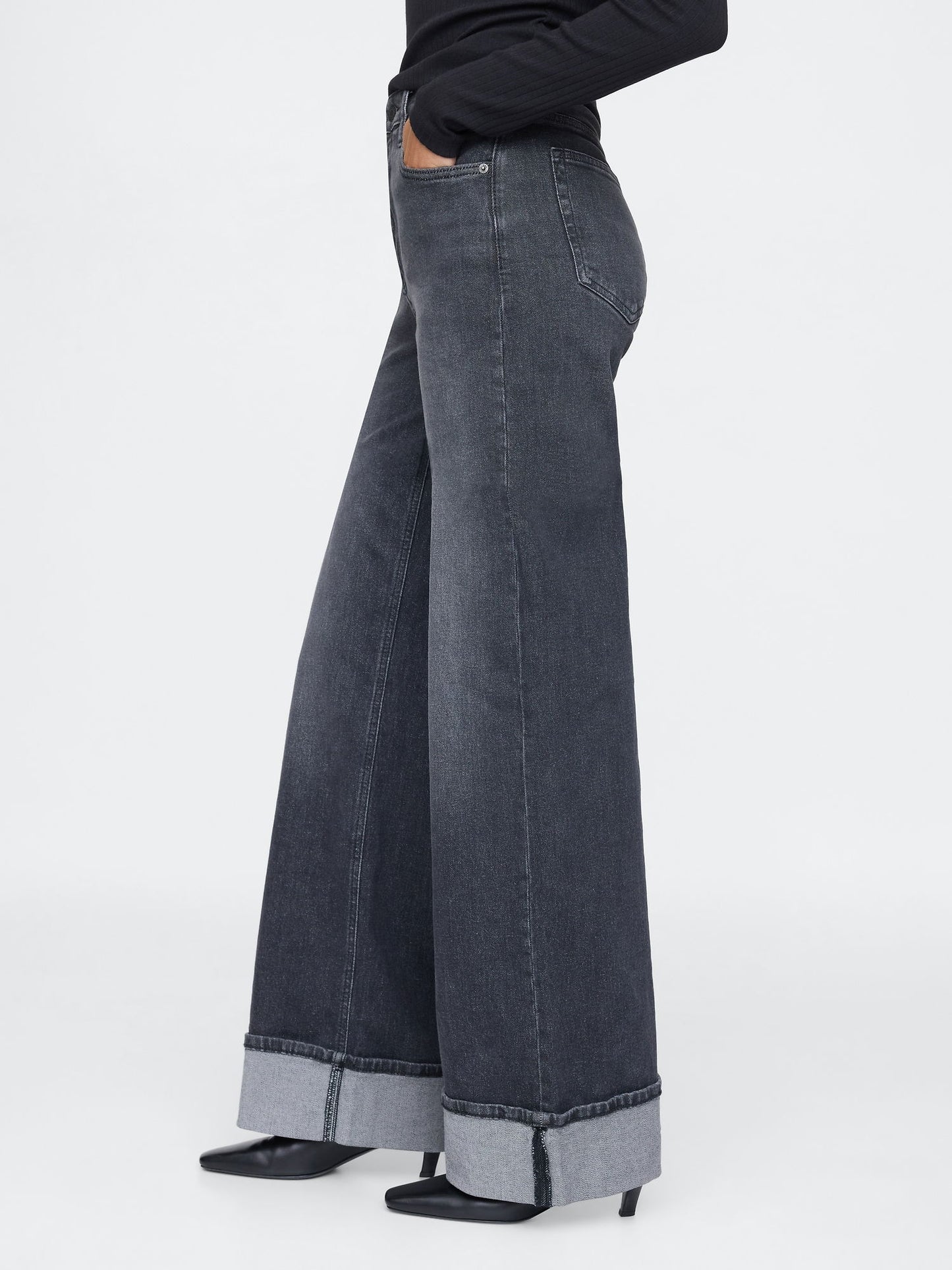 Siyah High Rise Stride Wide-leg Jean Pantolon
