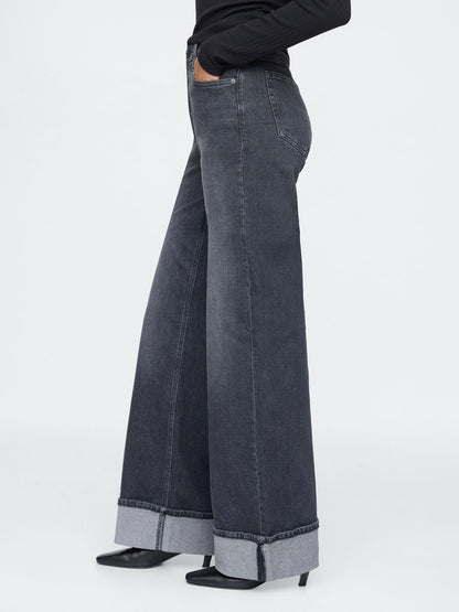 Siyah High Rise Stride Wide-leg Jean Pantolon