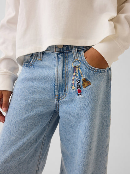 Açık Mavi Low Rise Işlemeli I Love Ny Baggy Jean Pantolon