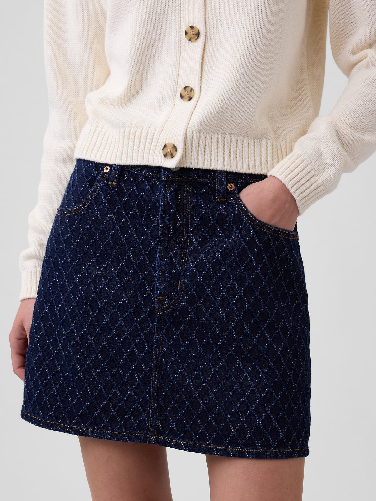 Koyu Mavi Textured Denim Mini Etek