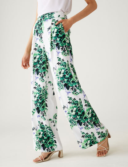 Çiçek Desenli Wide Leg Saten Pantolon