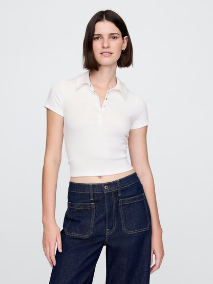 Beyaz Modern Fitilli Crop Polo T-shirt