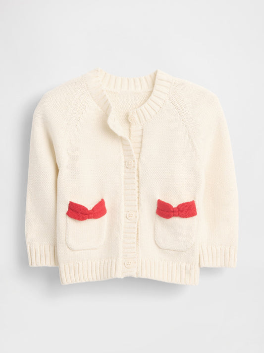 Krem Bow Pocket Triko Hırka