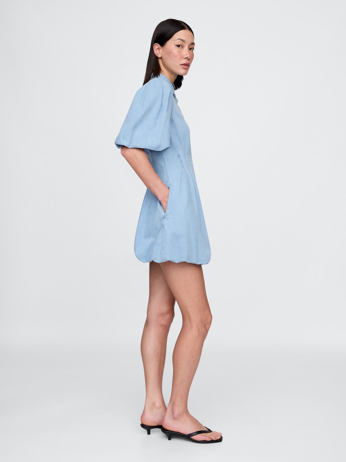 Açık Mavi Denim Bubble Mini Gömlek Elbise