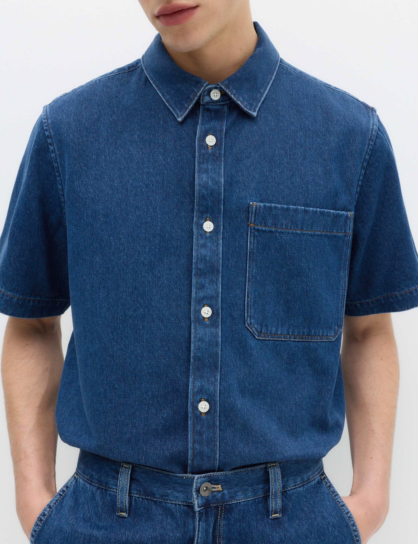 Saf Pamuklu Denim Kısa Kollu Gömlek