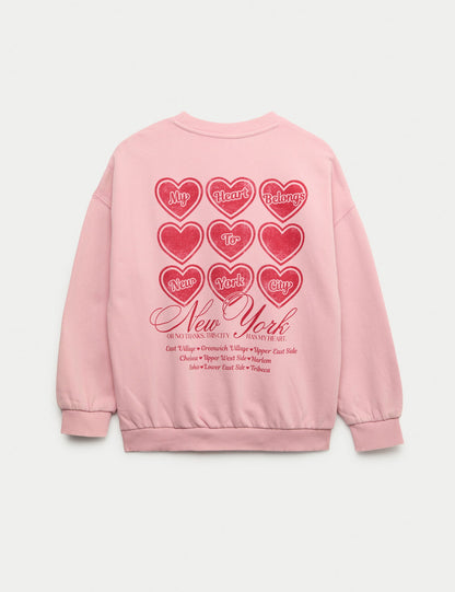 Pamuk Karışımlı New York Heart Baskılı Sweatshirt (6-16 yaş)