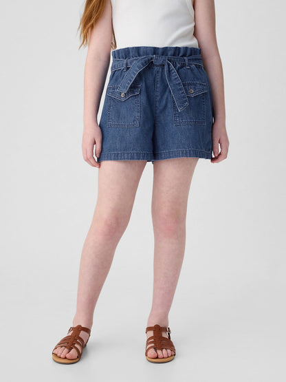 Koyu Mavi High Rise Paperbag Denim Şort