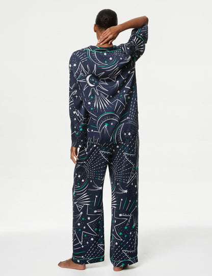 Desenli Saten Pijama Takımı