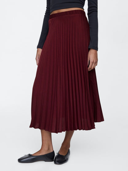Bordo Pile Detaylı Saten Midi Etek