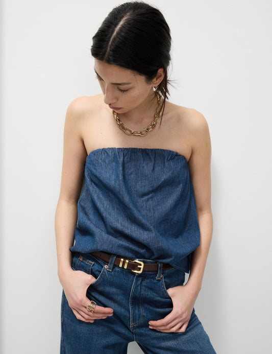 Saf Pamuklu Denim Bandeau Top