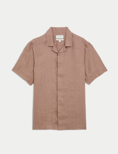 Saf Keten Herringbone Cuban Kısa Kollu Gömlek