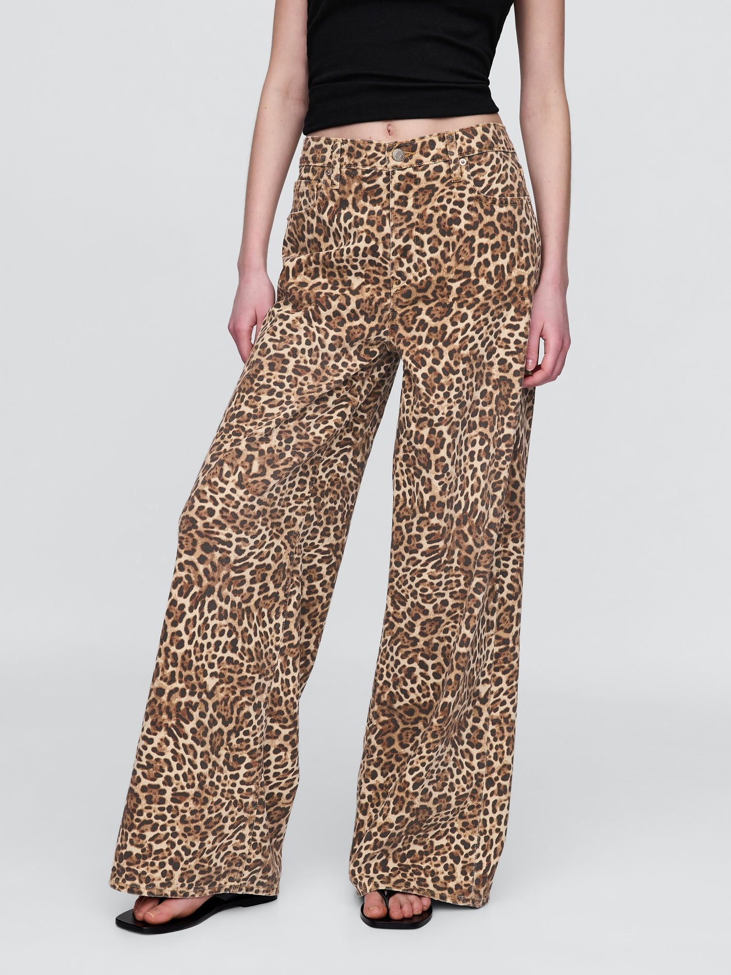 Kahverengi Mid Rise Ultrasoft Leopar Baggy Jean Pantolon