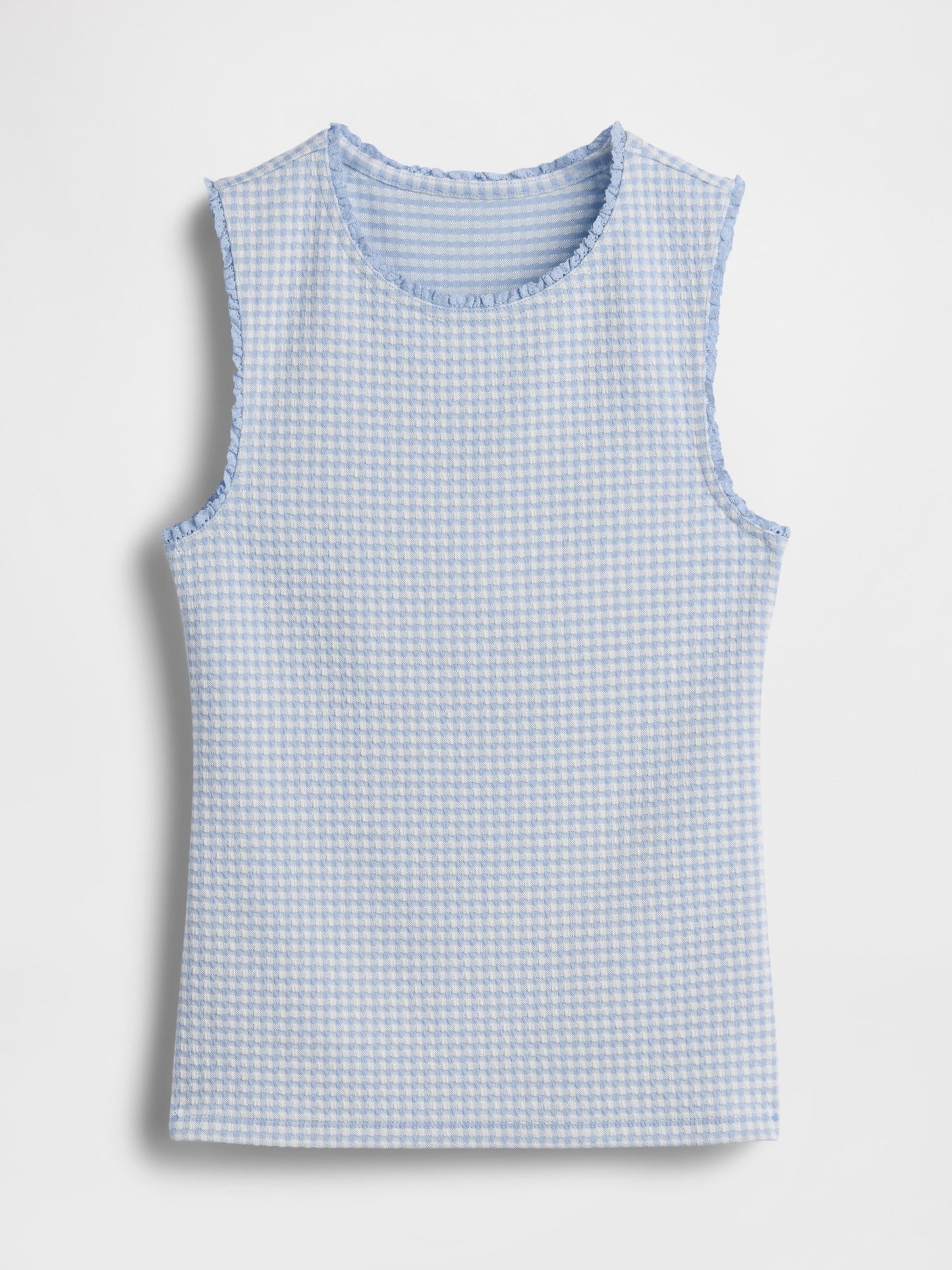 Açık Mavi Gingham Pointelle Shell Kolsuz Bluz
