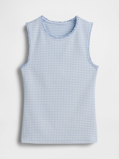 Açık Mavi Gingham Pointelle Shell Kolsuz Bluz