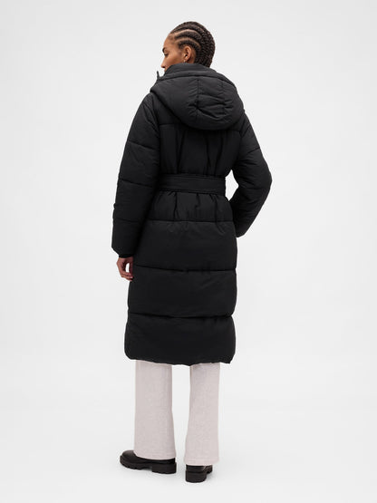 Siyah Belted Long Puffer Şişme Kaban