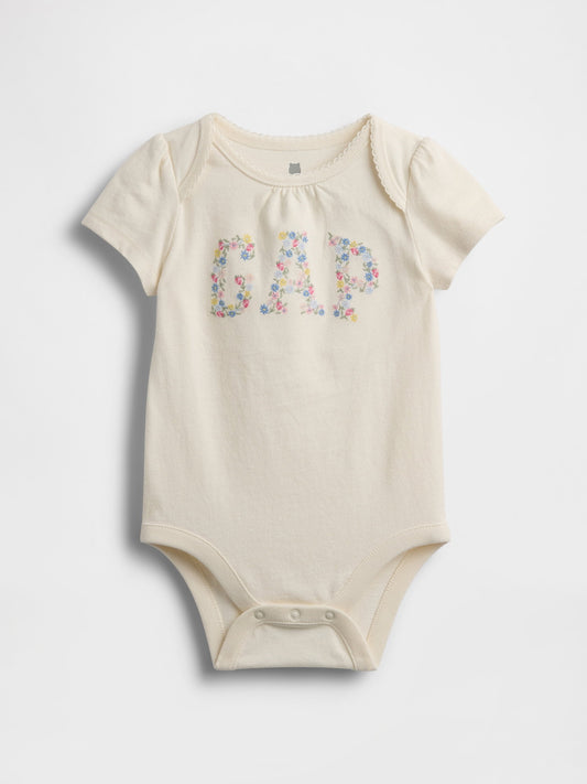 Kırık Beyaz Organik Pamuk Floral Logo Bodysuit