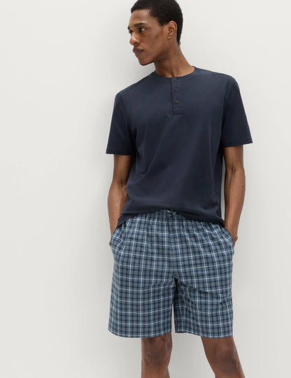 Saf Pamuklu Henley Yaka Ekose Pijama Takımı
