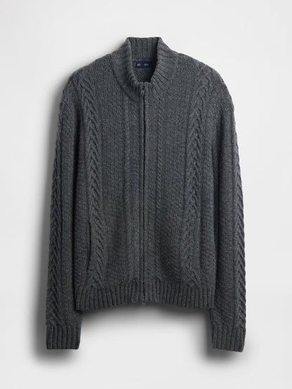Koyu Gri Wool-blend Cable-knit Fermuarlı Triko Hırka