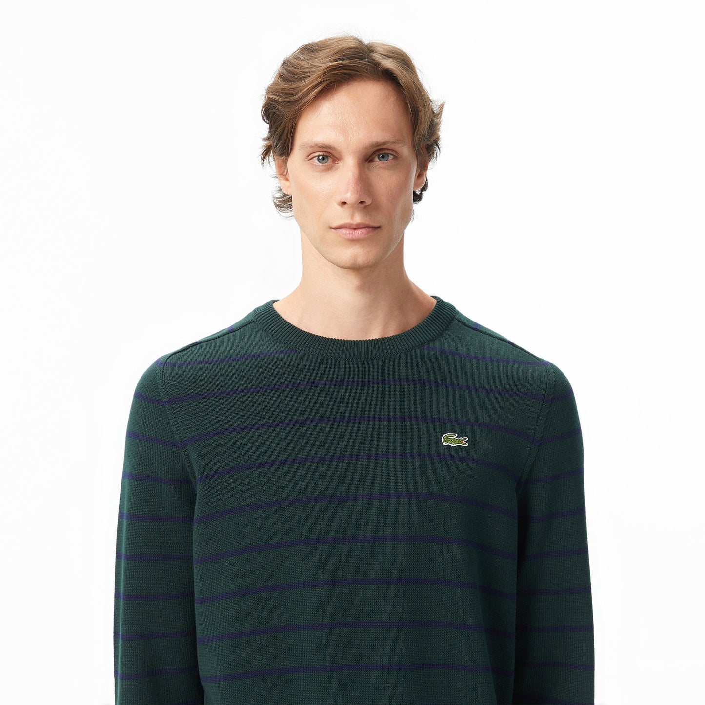 Lacoste Erkek Classic Fit Bisiklet Yaka Çizgili Yeşil Kazak