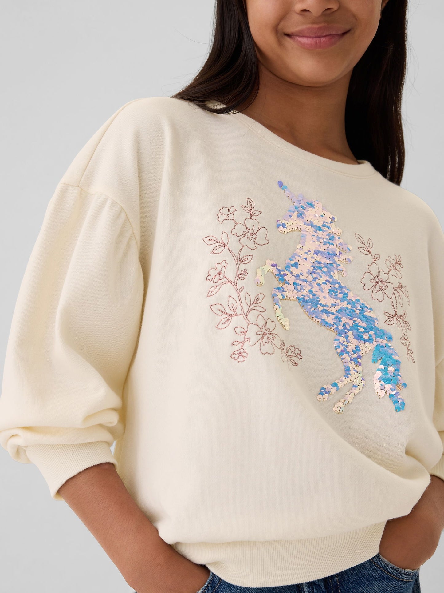 Kırık Beyaz Relaxed Flippy-sequin Grafikli Fransız Havlu Kumaş Sweatshirt