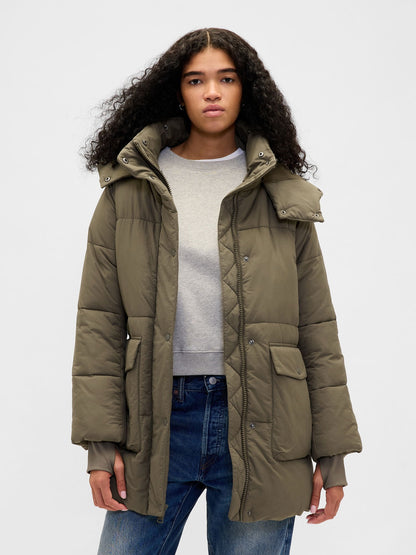 Haki Faux Fur-trim Midi Puffer Şişme Mont