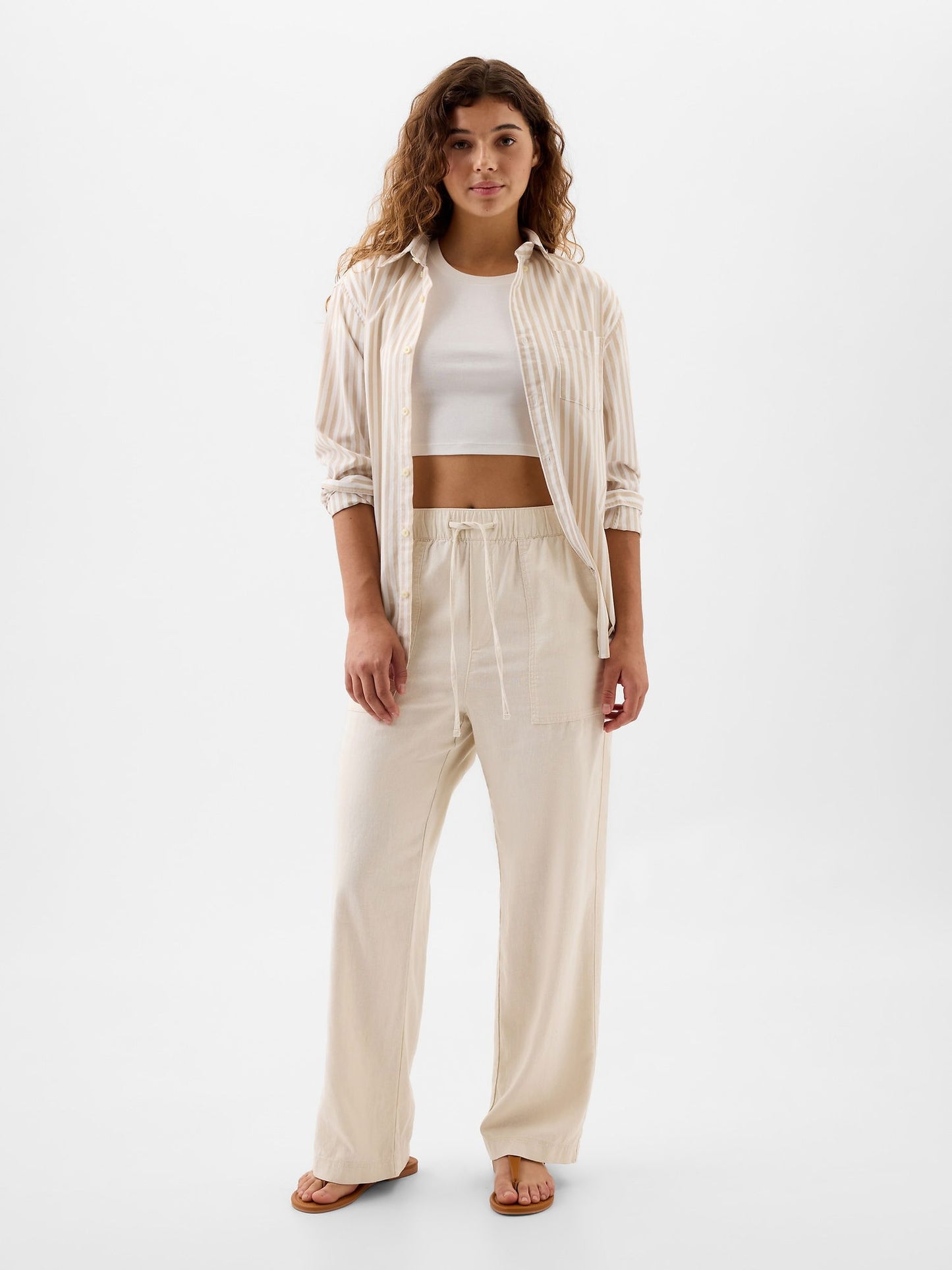 Bej Keten Karışımlı Wide-leg Pull-on Pantolon