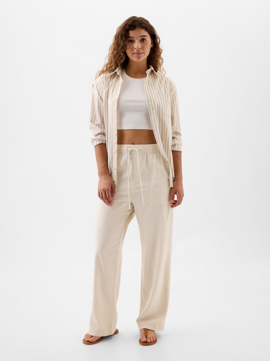 Bej Keten Karışımlı Wide-leg Pull-on Pantolon