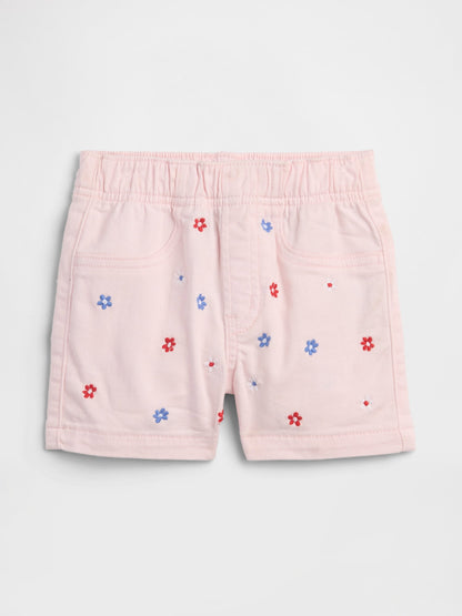 Açık Pembe Pull-on Işlemeli Mom Jean Şort