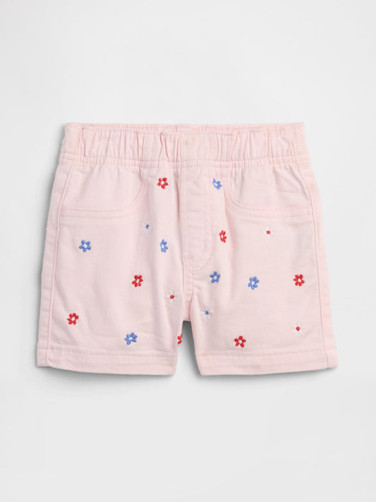 Açık Pembe Pull-on Işlemeli Mom Jean Şort