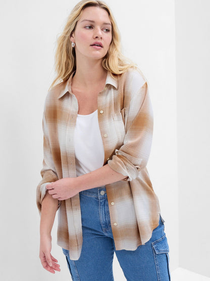 Bej Relaxed Flannel Easy Ekose Gömlek