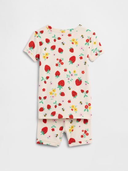 Kırık Beyaz %100 Organik Pamuk Çilek Baskılı Pijama Takımı